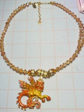 Gold Dragon Pendant Necklace in Orange and Gold